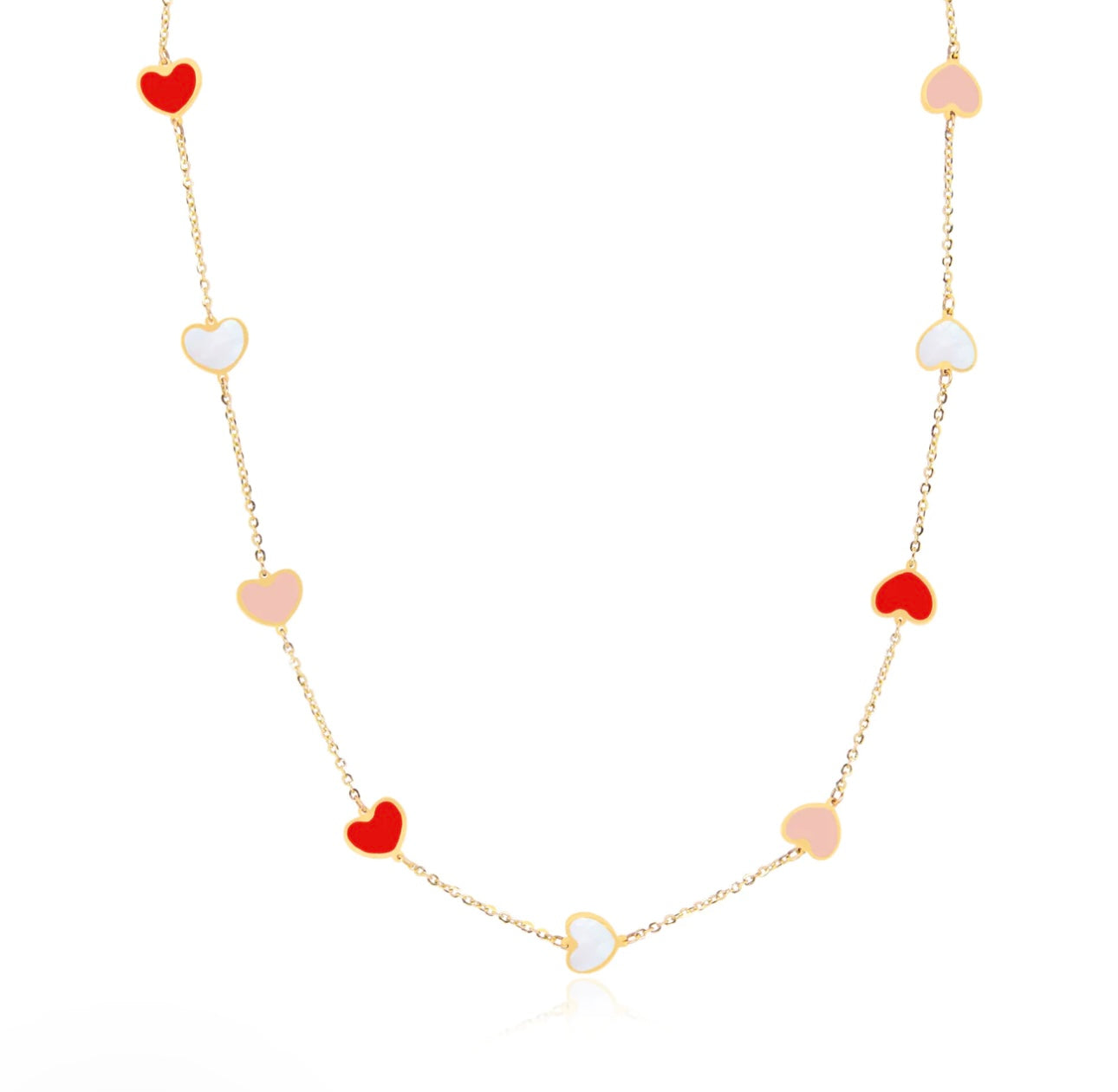 Inlay Pink Red and White Heart Station Necklace