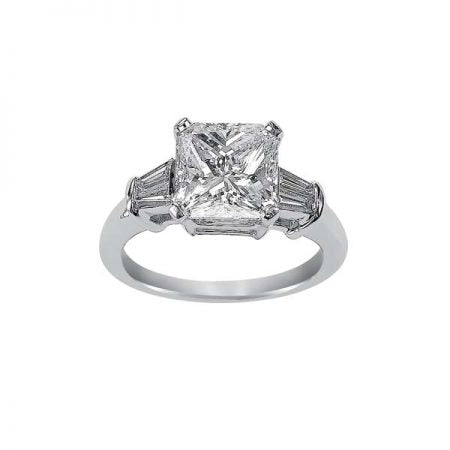 Platinum and Radiant Diamond Engagement Ring with Baguettes Side Stones