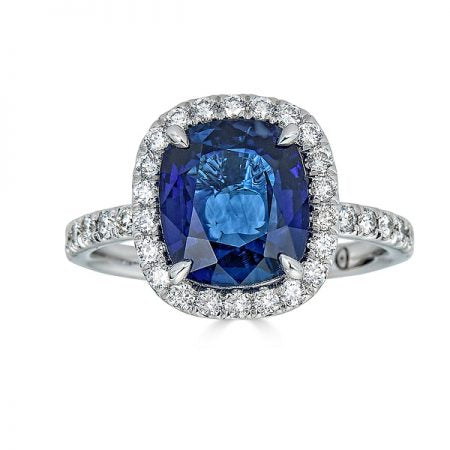 Cushion Cut Blue Sapphire and Diamond Halo Engagement Ring