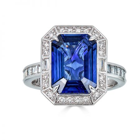Emerald Cut Sapphire Halo and Diamond Band Platinum Engagement Ring