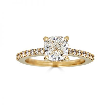 Diamond Cushion Cut Engagement Ring set in 18KT Gold with Micro Pave Band
