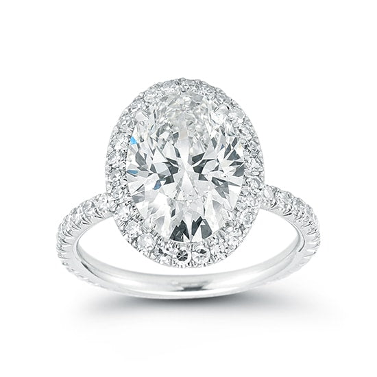 Oval Diamond Engagement Ring with Micro Pave Diamond Halo and Band